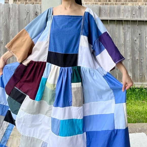 Handmade Dresses & Skirts - Handmade Quilted Patchwork Colorblock Dress SKU 06046 Blue Mixed